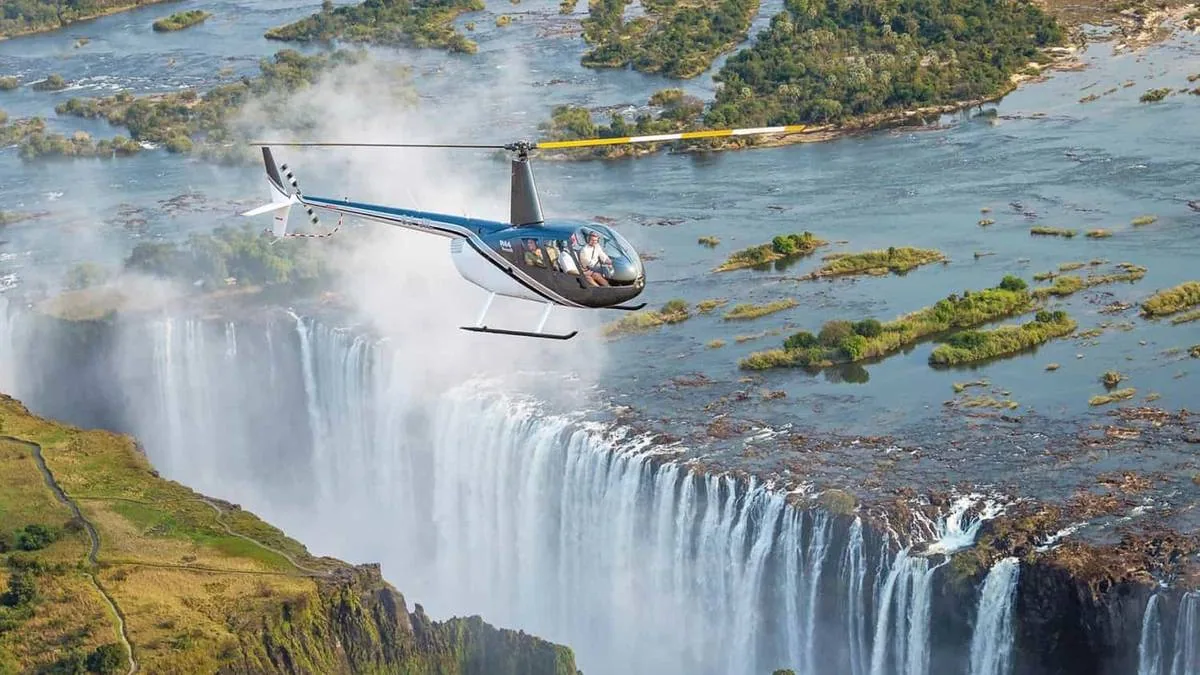 Helicopter flying above Victoria Falls